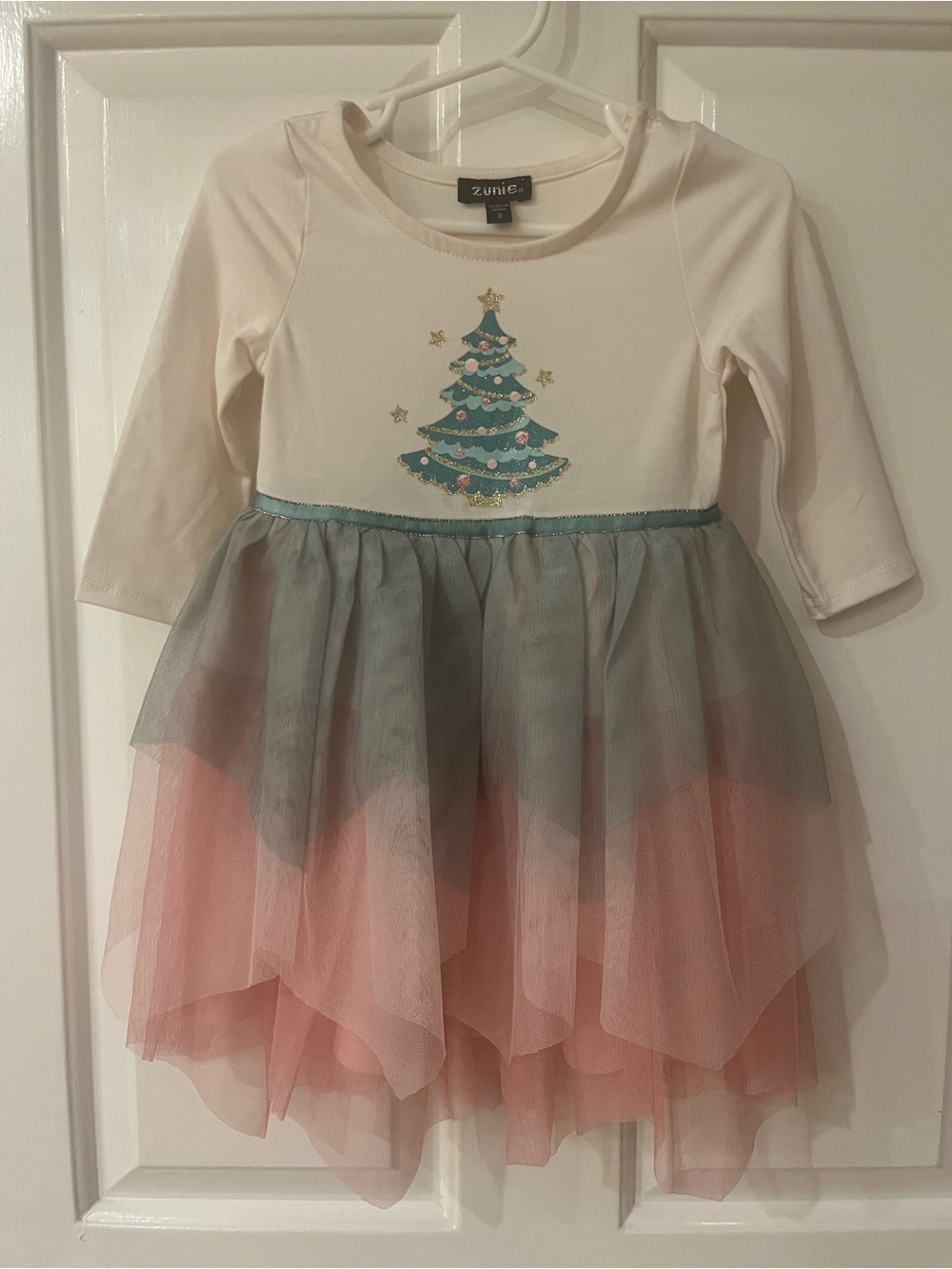 Zunie Cream Bodice Pink & Gray Layered Tulle Holiday Dress